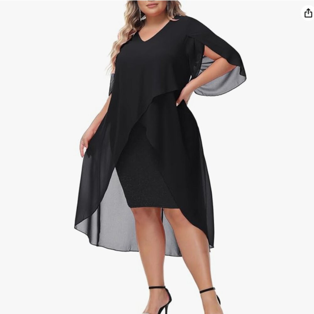 Hanna Nikole Ruffle 3/4 Sleeve Wedding Guest High Low Hem Dress (Black, 20W)